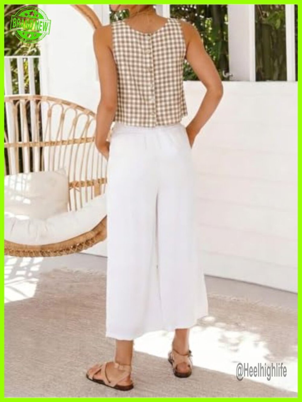 Gingham Crop Tank Top Sleeveless High Neck Back Buttons Summer - Picture 3 of 3